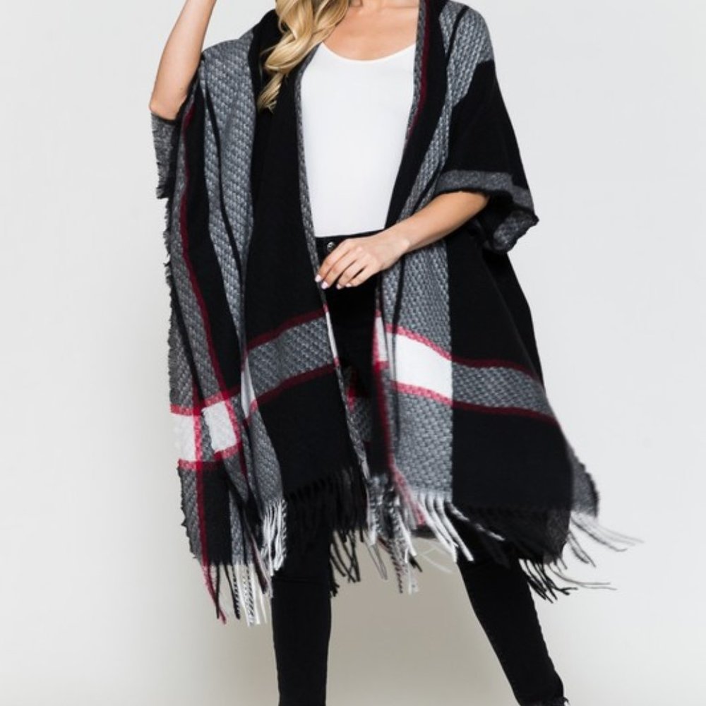 *ONLY 1 LEFT*   Women's Cozy Plaid Long Kimono/Cape, Black/White/Red